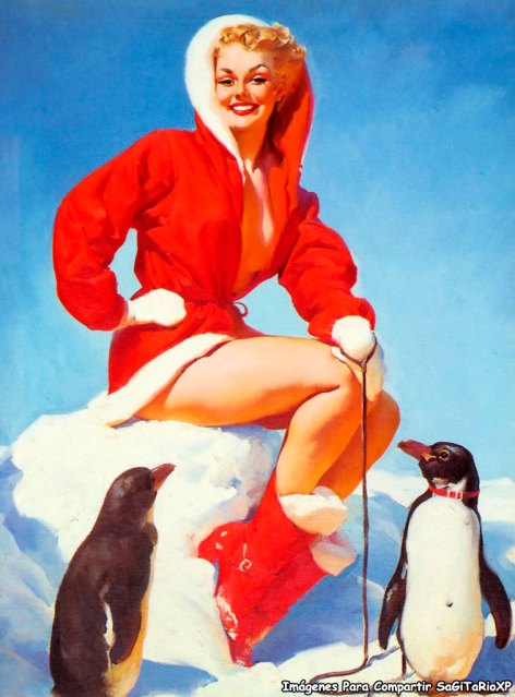 Imagen estilo Pin Up, Rubia con traje de Santa Claus y pingüinos amarrados
